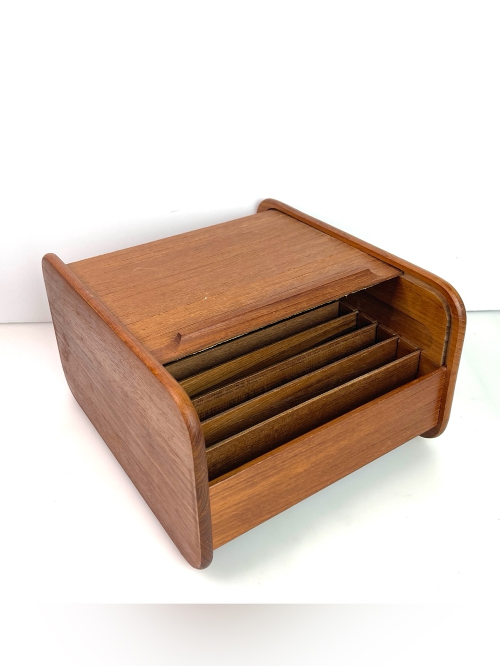 MCM Modern Quality Teak Tech Thailand Wood Roll Top Cassette Tape Holder Storage